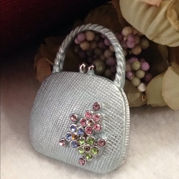 Unique Vintage Brooch Handbag Purse Pin Slate Blue 23 Colorful Jewels Flowers - Picture 9 of 9